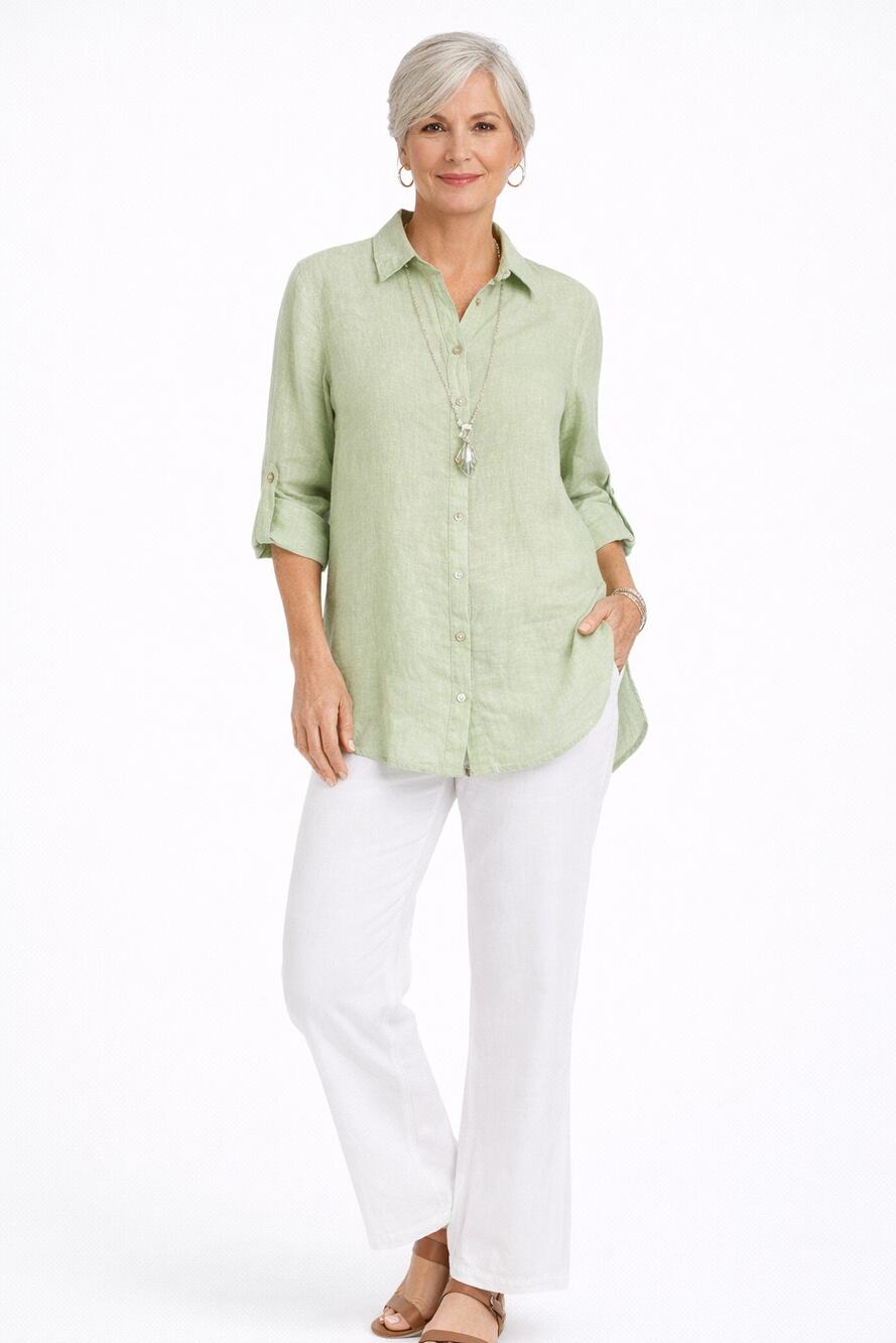 Tahari Womens Green Linen Button Up Shirt Roll Tab Sleeve Collared Size Small
